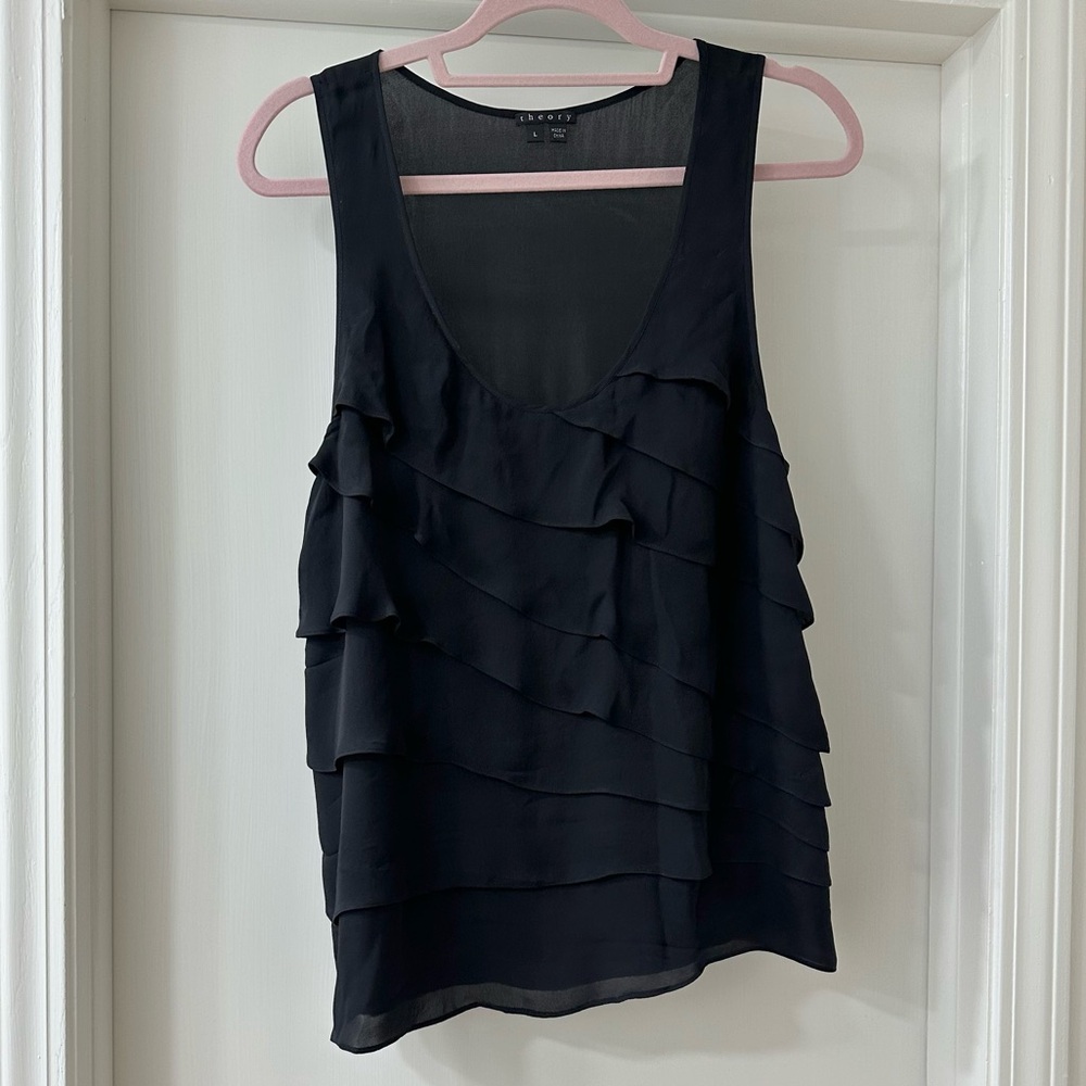 Theory Black 100% Silk Darinka Captivate Tiered Sleeveless Top, Size L - Picture 1 of 6
